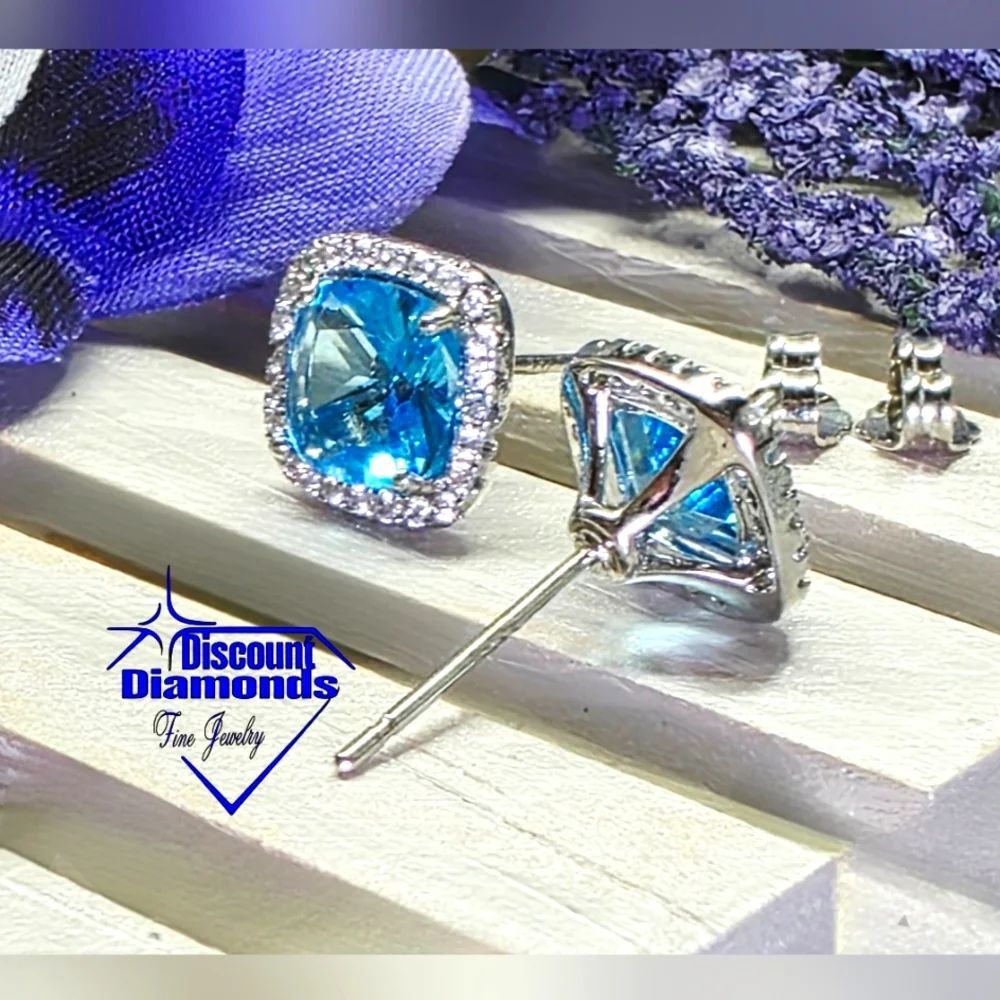 Sky Blue & Clear White Topaz Stud (Post) Earrings on 925 Sterling Silver